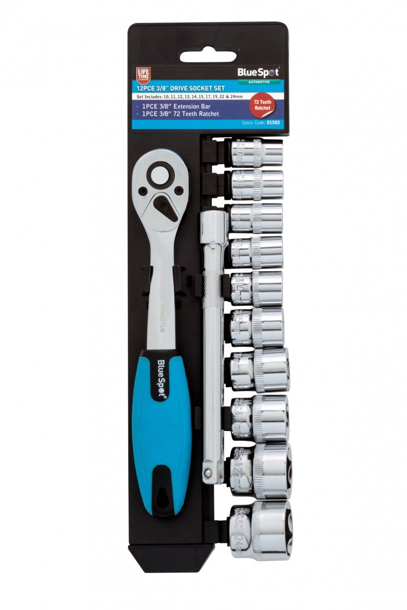 BlueSpot 12 PCE 3/8″ Metric Ratchet & Socket Set (10-24mm)