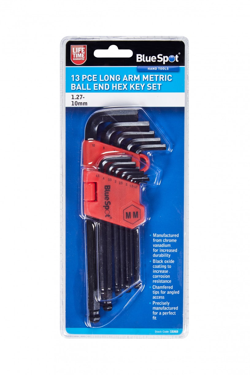 BlueSpot 13 PCE Long Arm Metric Ball End Hex Key Set (1.27-10mm)
