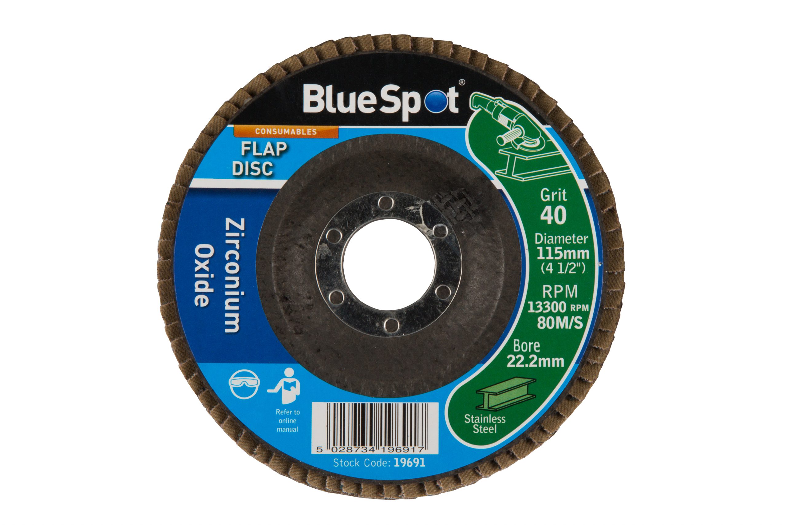 BlueSpot 115mm (4.5″) 40 Grit Zirconium Oxide Flap Disc