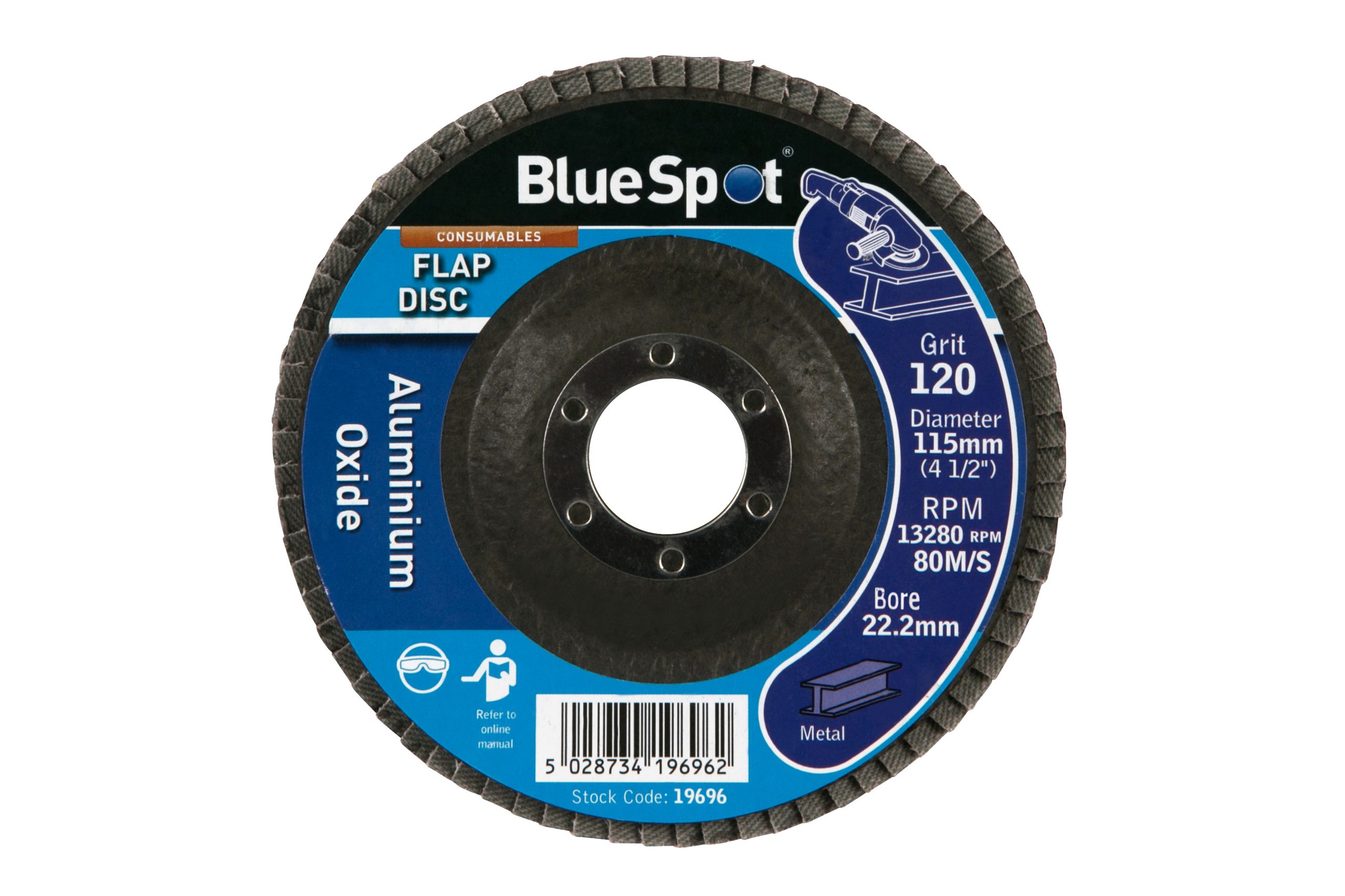 BlueSpot 115mm (4.5″) 120 Grit Aluminium Oxide Flap Disc