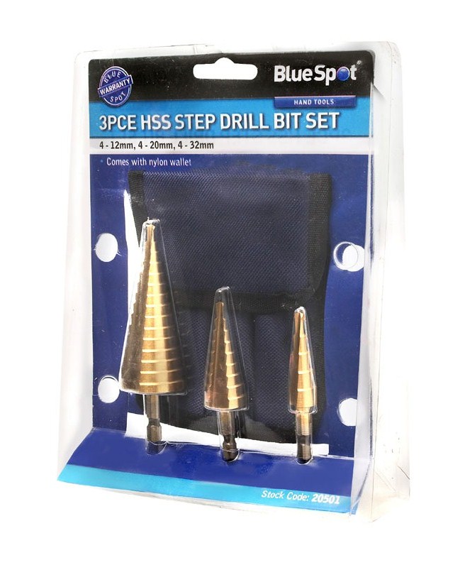BlueSpot 3 PCE Hex Shank HSS Step Drill Set (4 – 32mm)