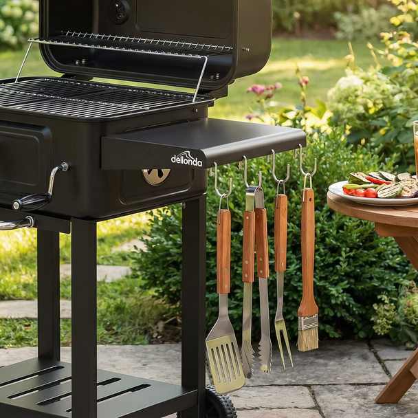 Dellonda Charcoal Grill BBQ Smoker & Trolley with 2 Side Shelves – Black