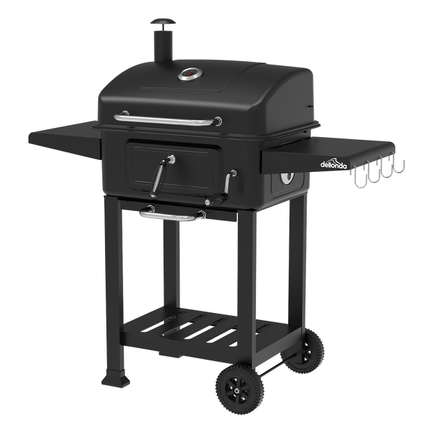 Dellonda Charcoal Grill BBQ Smoker & Trolley with 2 Side Shelves – Black